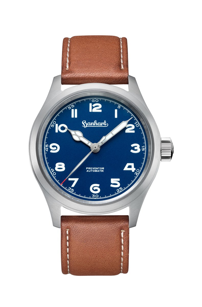 Hanhart Preventor HD12™ - Horloge blauw - Lichtbruine lederen band - 39 mm