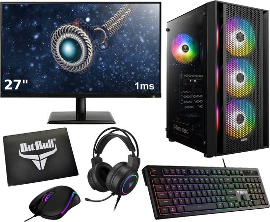 Complete Ryzen 5 Budget 6-Core Game PC Setup Inclusief Gaming Headset, 27" Monitor, Toetsenbord, Muis en Muismat - 1TB SSD - 32GB RAM - WiFi - Windows 11 Pro