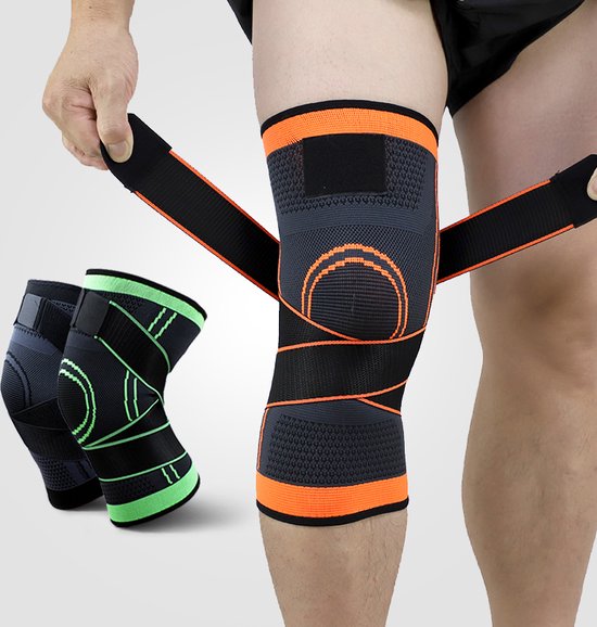 Grijze en oranje kniebrace met banden; links een groene en zwarte kniebrace.