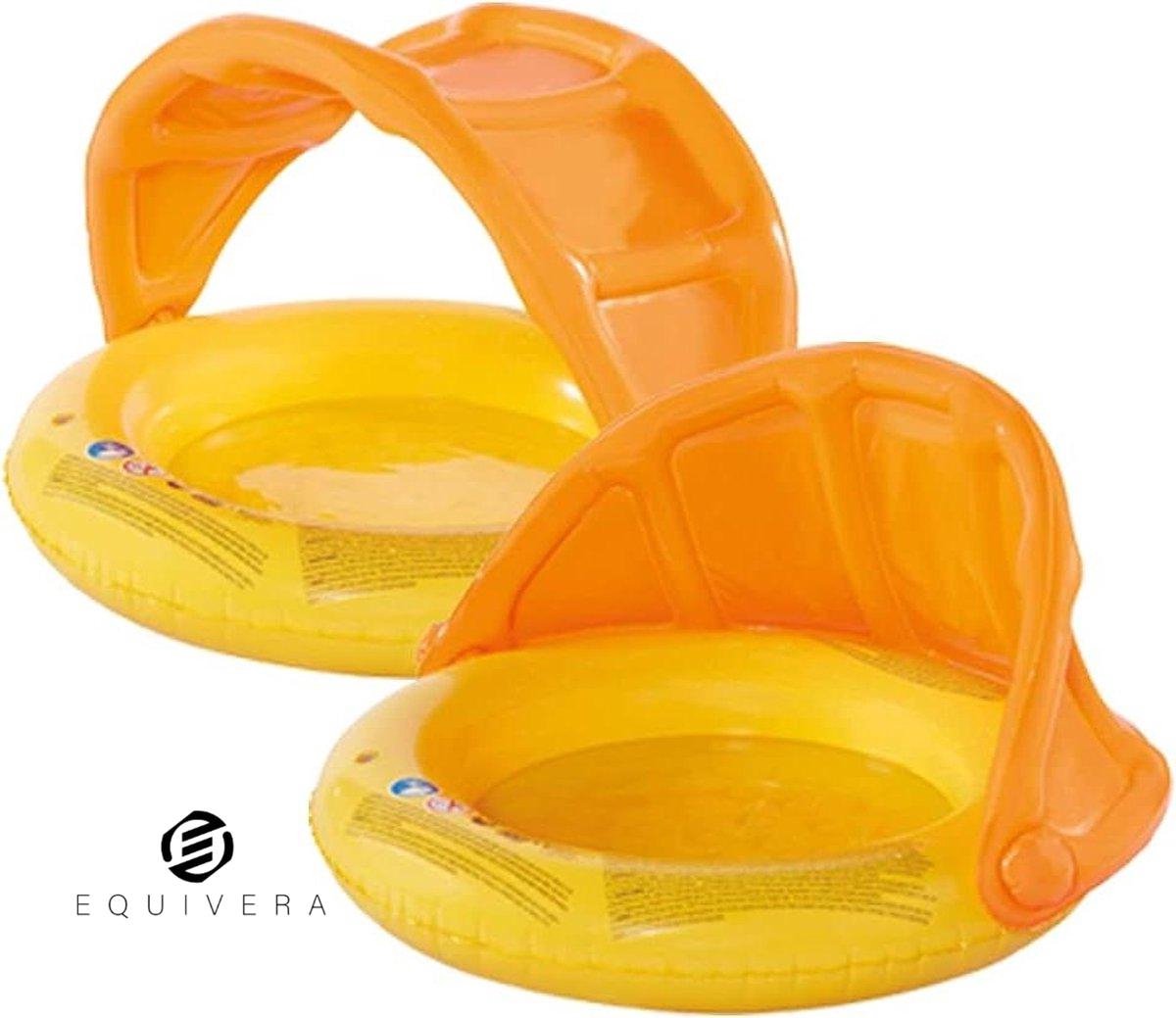 Goedkoopste Equivera Babyzwembad met zonnedak en opblaasbare bodem - geel/oranje - 85 x 54 cm - kinderzwembad met 1 ring baby zwembad