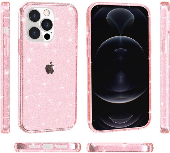 Coque de téléphone rose pailletée avec logo Apple, vue de tous les côtés et de face.