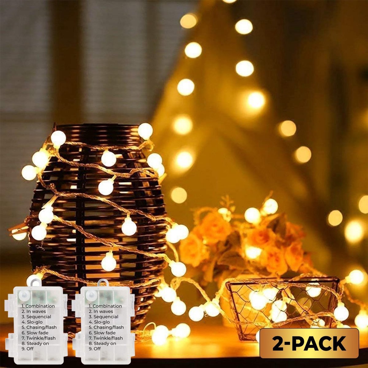 2-Pack Homèlle lichtsnoer - 100 LED (2x50) - 10 meter verlicht (2x5) - Mat - Warm-wit - ø2cm - Tuinverlichting - Kerstverlichting buiten & binnen - Buitenverlichting - Lichtslinger - Lampjes slinger