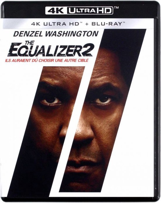 De voorkant van de 4K Ultra HD Blu-ray hoes voor 'The Equalizer 2' met een gesplitst gezicht van Denzel Washington.