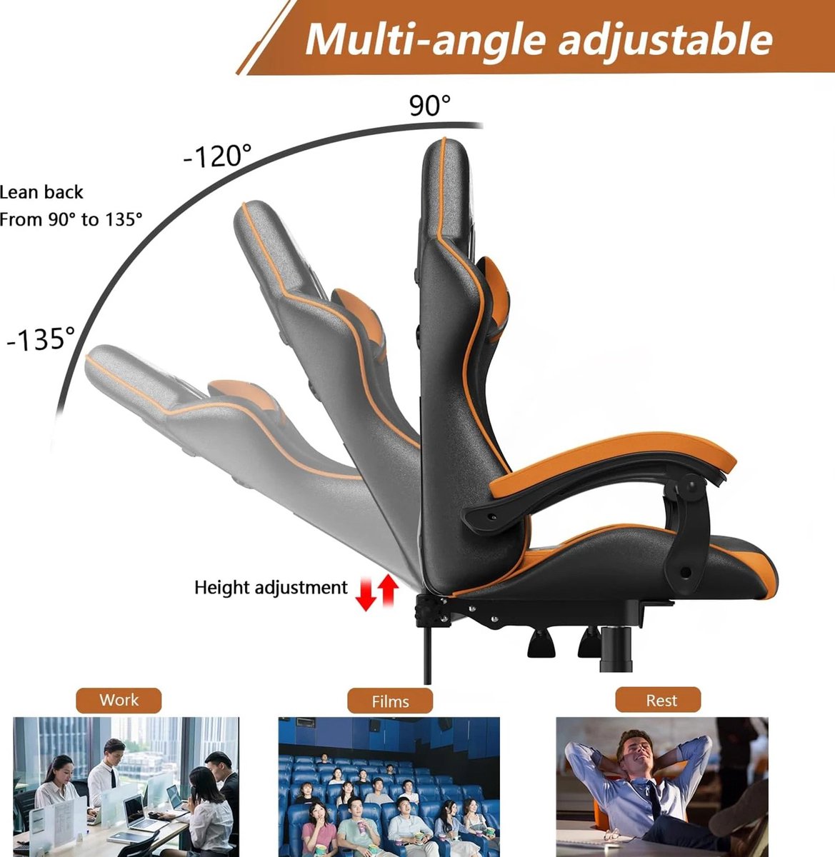 Gaming Ergonomische Bureau Stoel Zwart Oranje Verstelbaar - afbeelding 3