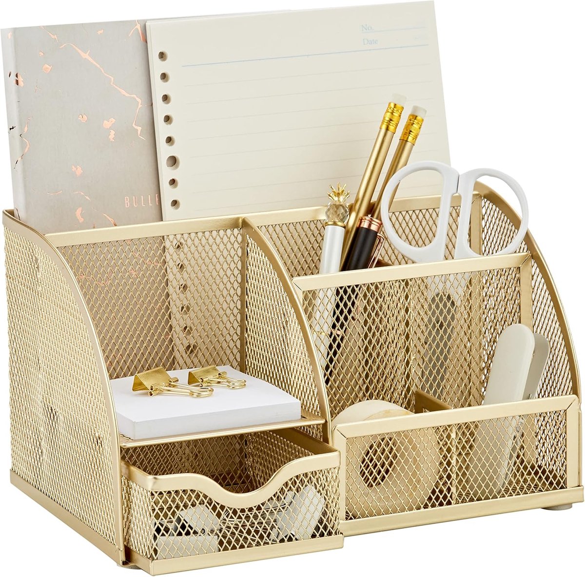 JGS ® Stijlvolle Metalen Bureau Organizer met 7 Vakken en Uittrekbare Lade voor Kantoorbenodigdheden