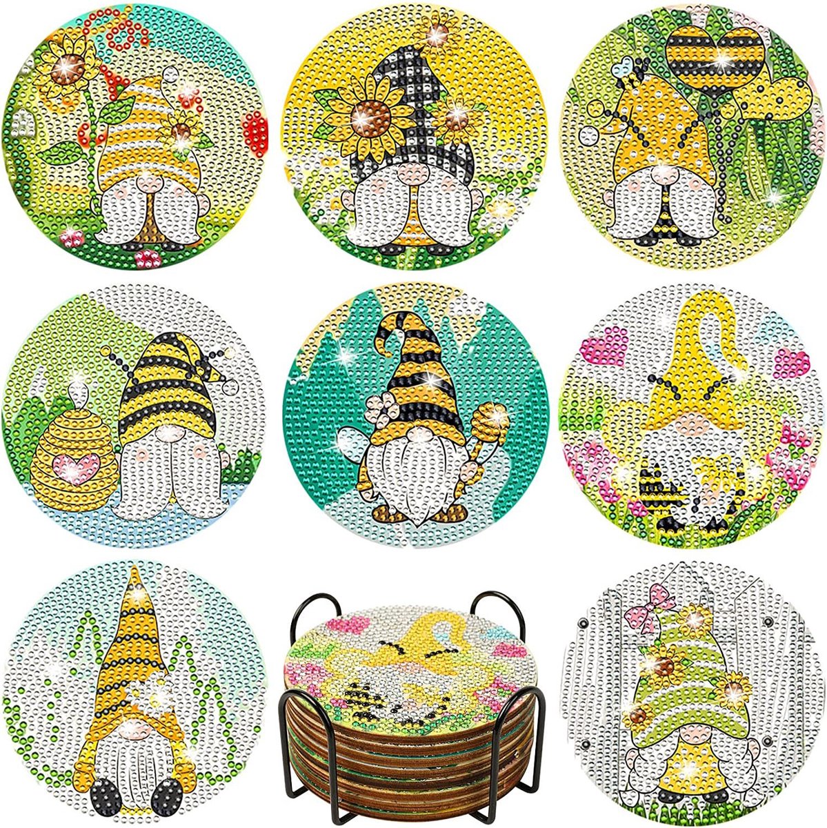 VDTOYS® DIAMOND PAINTING voor volwassenen - Onderzetters - Coasters - Onderleggers - Ronde steentjes - 8 stuks - Compleet Hobbypakket - set C Kabouters