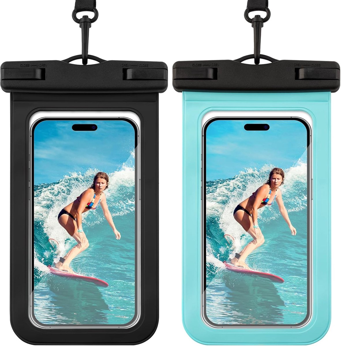 2 stuks - Drybag - Waterdichte Telefoonhoesjes - waterdichte hoes - Onderwater hoesje - Doorzichtig - met koord - zwart en turkoois - voor Telefoons onder 6,5" - voor strand zwemmen reizen - Ook voor paspoort & betaalpassen