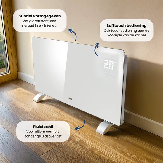 Gologi Elektrische Kachel - Verwarming elektrisch - Convectorkachel met thermostaat - Werkt via App en touch bediening - Tot 25m2 - 2000W Heater - Wit
