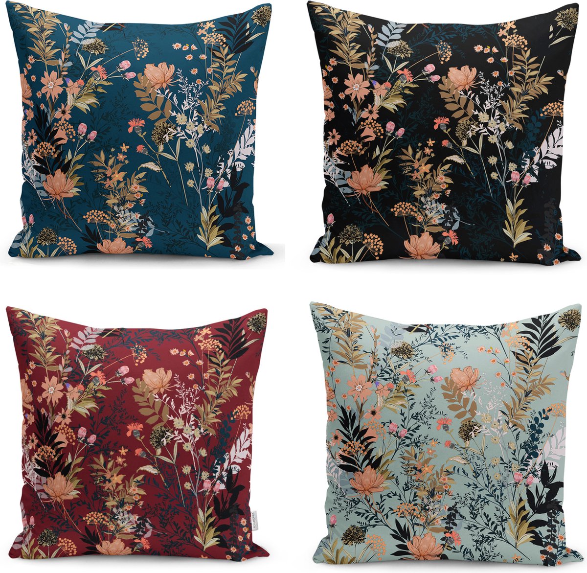 De Groen Home FLORA Velvet Kussenhoes set van 4 - 50x50 cm - Bloemen - Kussensloop - Aan beide zijdig bedrukt Zwart
