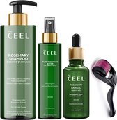 Super Haarverzorgingsset - Rozemarijn haarolie + Rozemarijn haarwater + Rozemarijnshampoo + Dermaroller - Voordeelset met 4 producten - Maximaal effect tegen haaruitval, dunner wordend haar en voor sterkere haargroei
