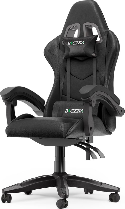 Gamerstoel - Ergonomische gamestoel - Gamerstoel met hoofdsteun en lendenkussen - 90°-155° kantelbaar - Zwart