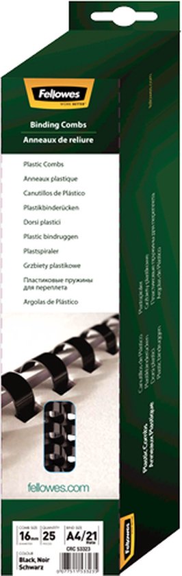 Fellowes verpakking met plastic bindruggen, 16mm, zwart, 25 stuks. Met afbeelding van zwarte bindringen.