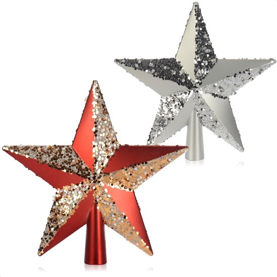 2x stervormige kerstboomtoppen - Ster voor de kerstboomtop - Kerstboomversieringen - Kerstboomversieringen van kunststof