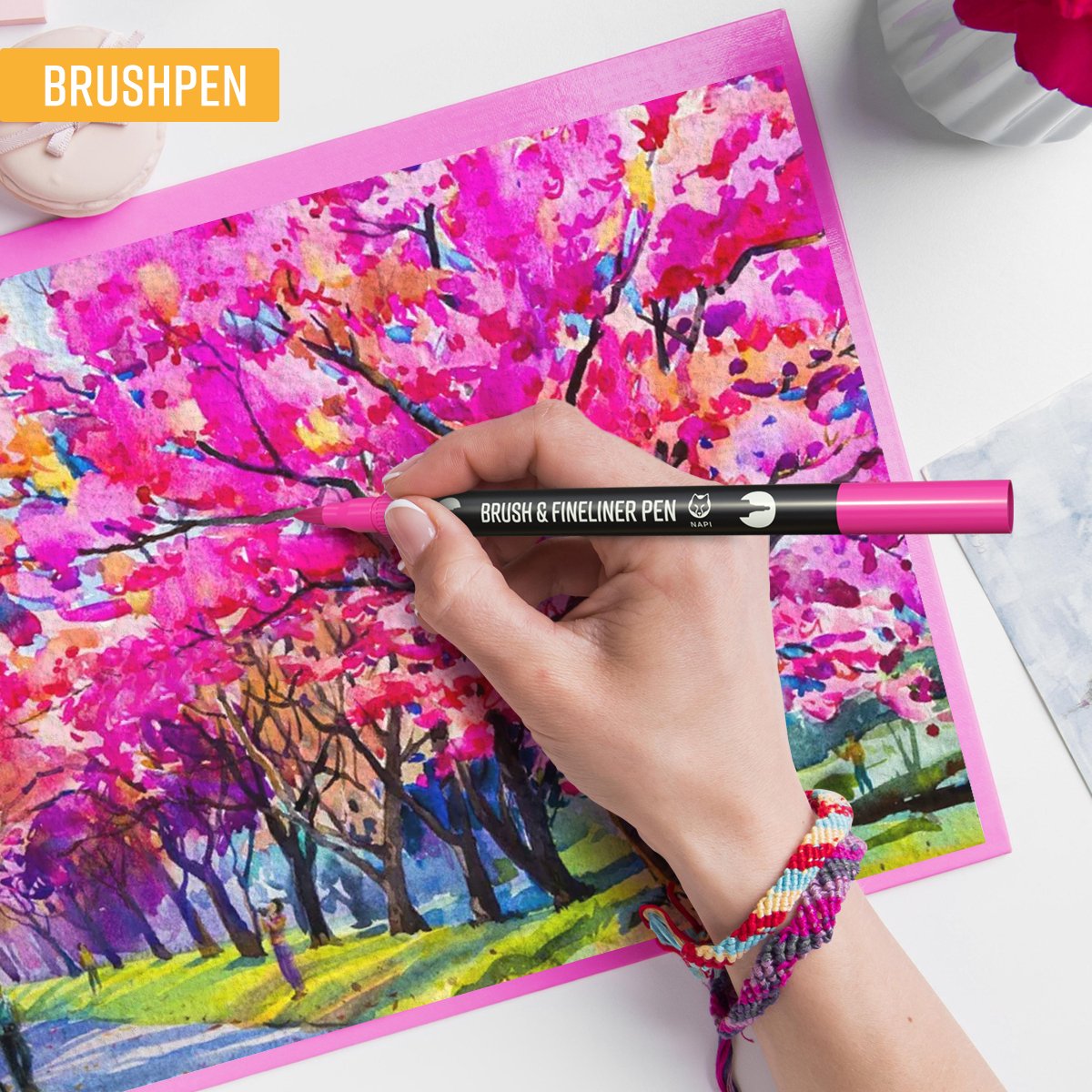 NAPI Twinmarkers - 12 Stiften voor Volwassenen - Dubbelzijdige Brushpennen - Fineliners Kleur - Handlettering - Bullet Journal Accessoires - Brush Pennen Aquarel - Markers Kinderen - Markeerstiften Incl. 2 Mandala Sjablonen — afbeelding 4