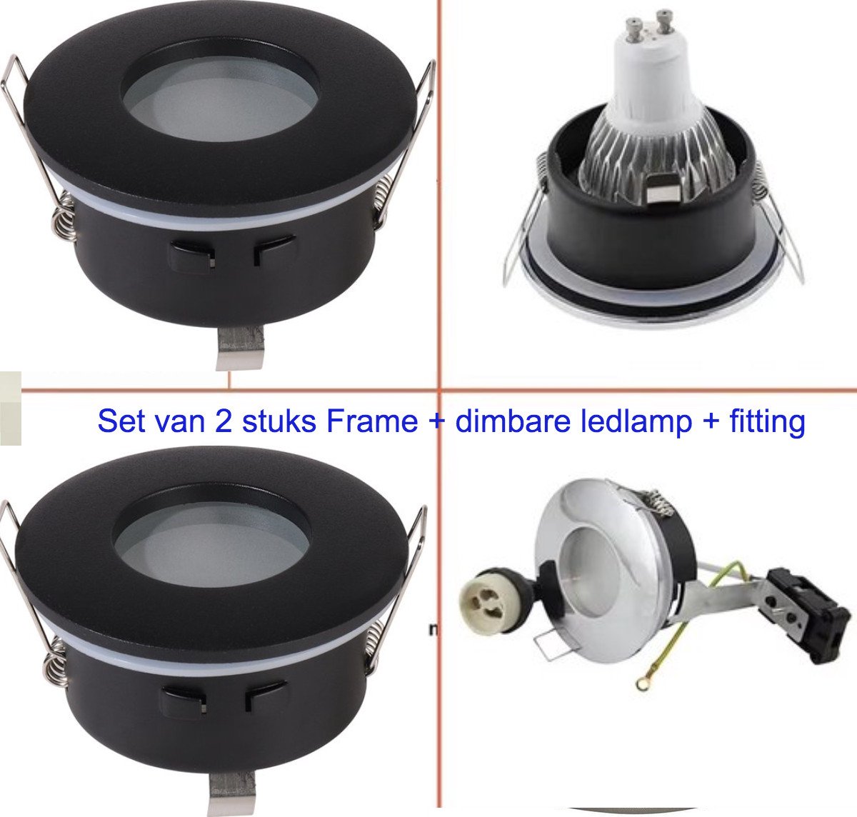 Badkamer LED Zwarte Inbouwspot – Set van 2 – Zwart – Philips GU10 Dimbaar – Badkamerlicht 2700K Zeer Warm Wit – - Sparing Ø75 mm - Buitenmaat Ø82 mm.