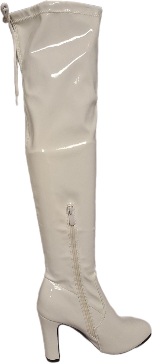 LUCKYSHOES-OVERKNIE LAARS-LAKLEER-WHITE-8 CM HAK-39