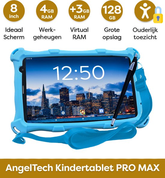 AngelTech Kindertablet PRO MAX - 4+3GB RAM - 64+64 GB - Android 14 - Snelle 8 Inch Kindertablet - Vanaf 3 Jaar - Perfect Voor School - Ouderlijk Toezicht - Ook Voor Volwassenen - 360° Fidgy Beschermhoes - Blauw