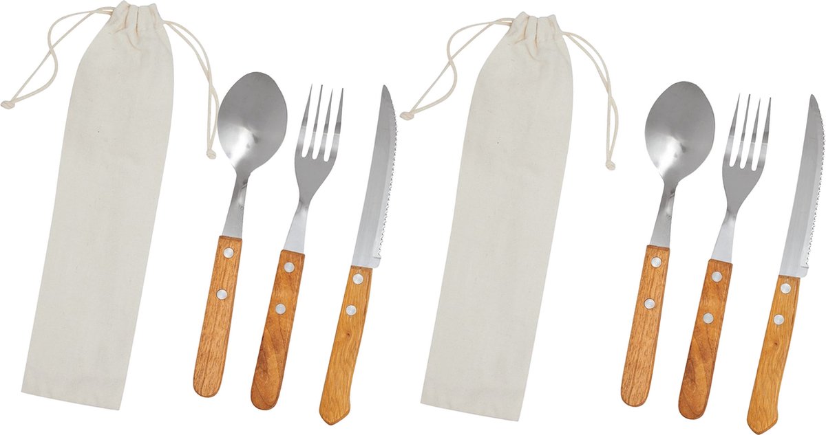 Inspirion Bestekset - RVS - 12-delig - houten handvat - in katoenen hoes