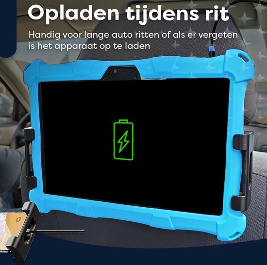 Blauw tablet op hoofdsteun met oplaadsymbool op scherm.