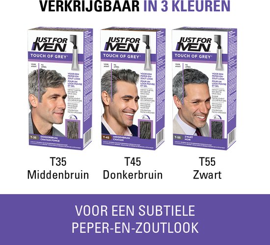 Drie verpakkingen van Just For Men Touch of Grey in de kleuren donkerbruin, middenbruin en zwart.