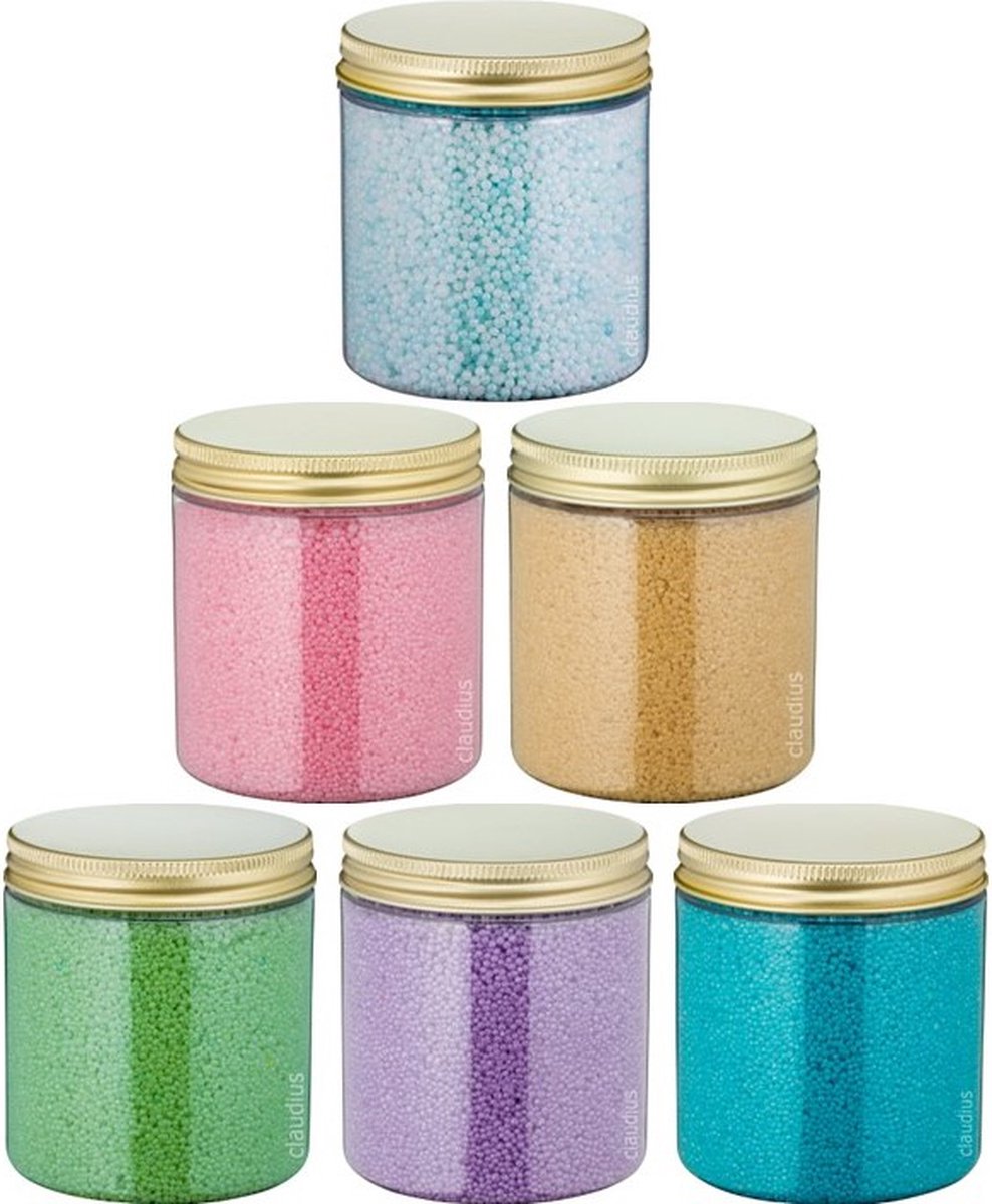 Goedkoopste Badkaviaar - 200 gram - set van 6 verschillende geuren - Gouden Deksel - Eucalyptus, Hamam, Lavendel, Opium, Rozen, Zen Moment - bad parels voor in bad