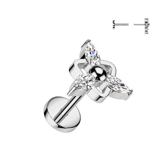 Piercing en titane argenté avec un design en forme de fleur orné de quatre cristaux taille marquise et une petite boule centrale. Fermeture push-in.