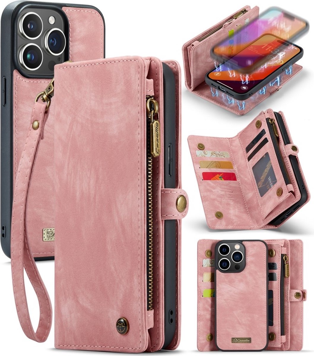 Caseme Geschikt voor iPhone 16 Pro hoesje - Vintage 2 in 1 portemonnee - Roze