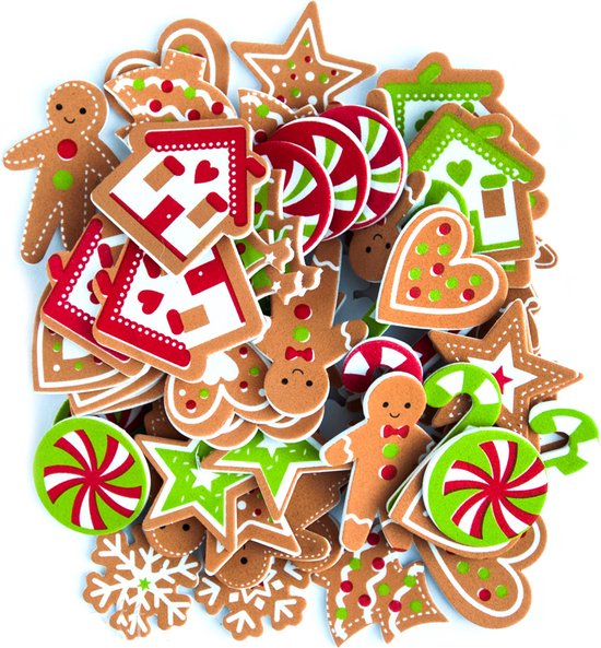 60 Foam Stickers Kerst - Gingerbread Foam Stickers - Stickers Kerst - Gingerbread - Stickers voor Kinderen - Knutselstickers - Knutselen Meisjes - Knutselen Kinderen - Foam Stickers Kerstmis - Hobbystickers - Kaarten Maken - Knutselen Meisje