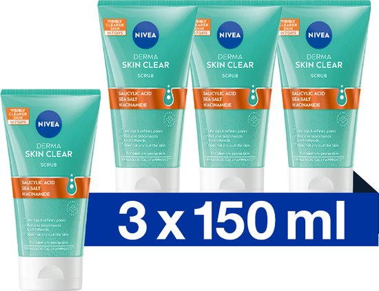NIVEA DERMA Skin Clear Face Scrub Gezicht - Gezichtsscrub - Gezichtsreiniger - Voor de onzuivere huid - Met Salicylzuur (AHA) en Niacinamide - Anti Acne, Puistjes en Mee-eters - 3x150 ml
