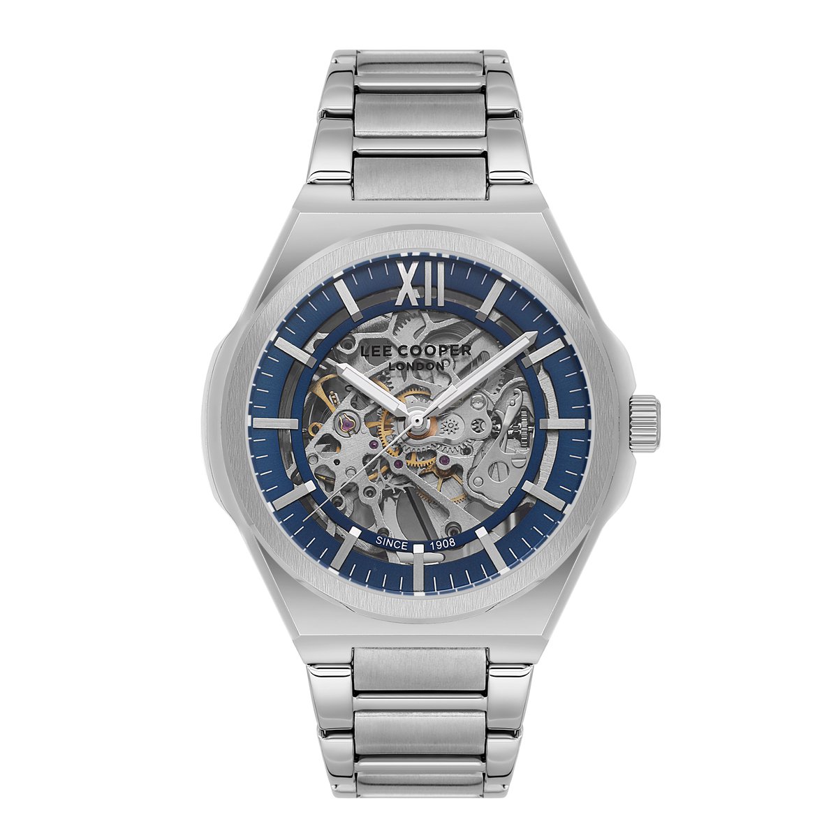 Lee Cooper LC08051.390 - Horloge - Polshorloge - Analoog - Automatisch - Mannen - Heren - stalen band - Overig (vorm) - Metaal - Skeleton - Strepen - Romeinse Cijfer - Zilverkleurig - DonkerBlauw - Rosékleurig