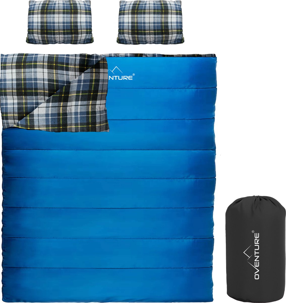 Oventure Double Comfort tweepersoons slaapzak | 190 x 160 cm | Flanellen slaapzak | Comfortabel tot 8 °C | Inclusief hoofdkussens | Zacht en warm materiaal | Dubbele slaapzak | Geschikt voor volwassenen en kinderen | Met compressietas
