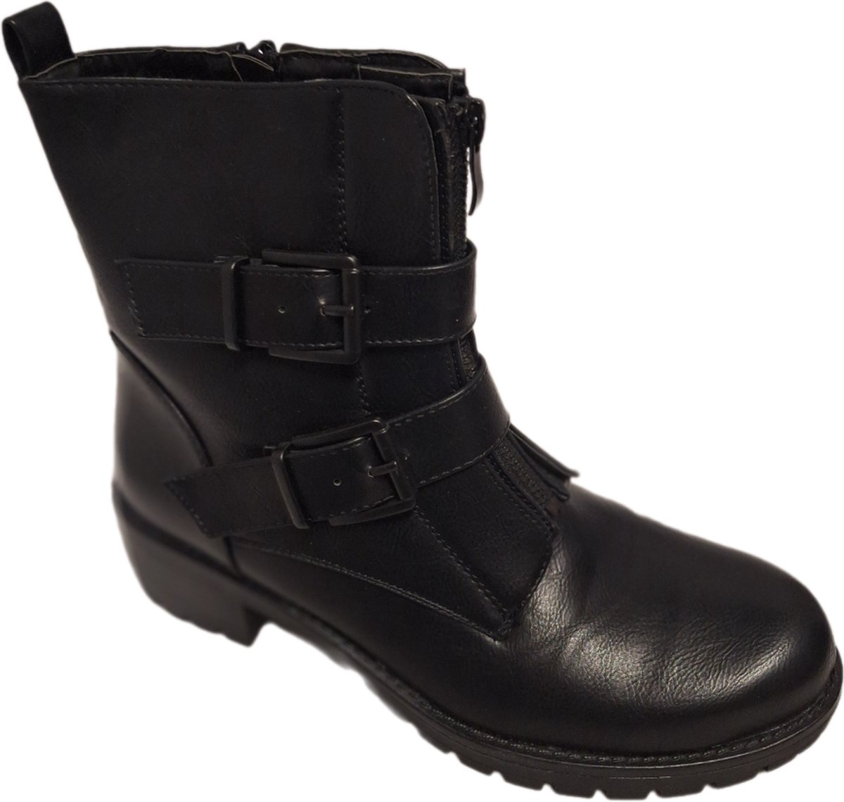 LUCKYSHOES-BIKERBOOTS-BLACK-MAT IMITATIELEER-2 GESPEN EN RITS-41