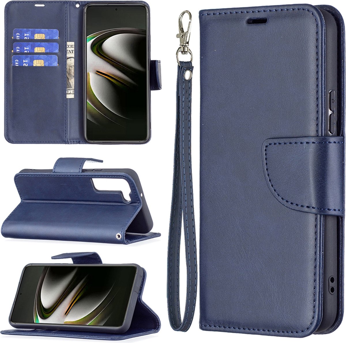 MobyDefend Hoesje - Geschikt voor Samsung Galaxy S22 - Wallet Book Case Met Koord - Blauw