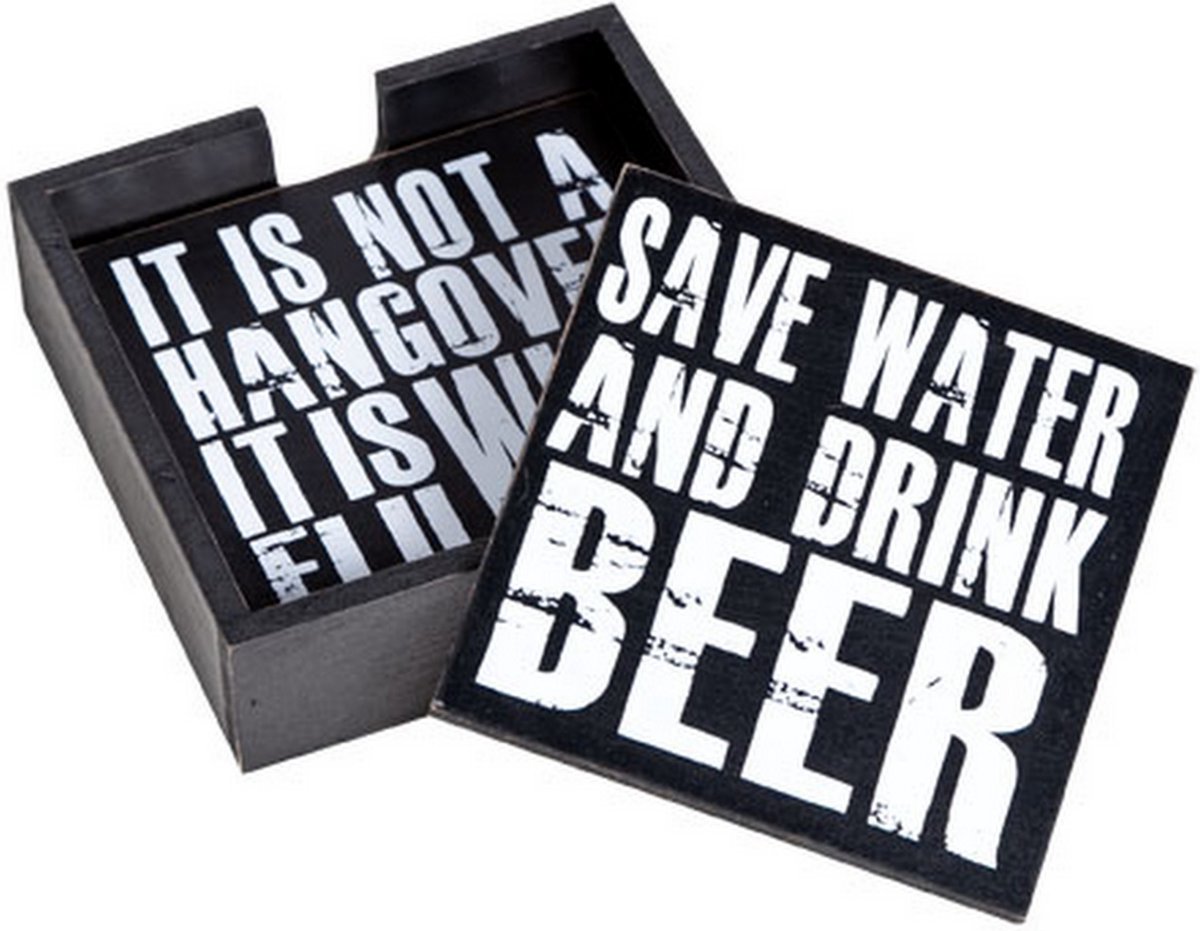 Onderzetters-set 5 delig WINE/BEER 4 onderzetters van hout met tekst in houder
