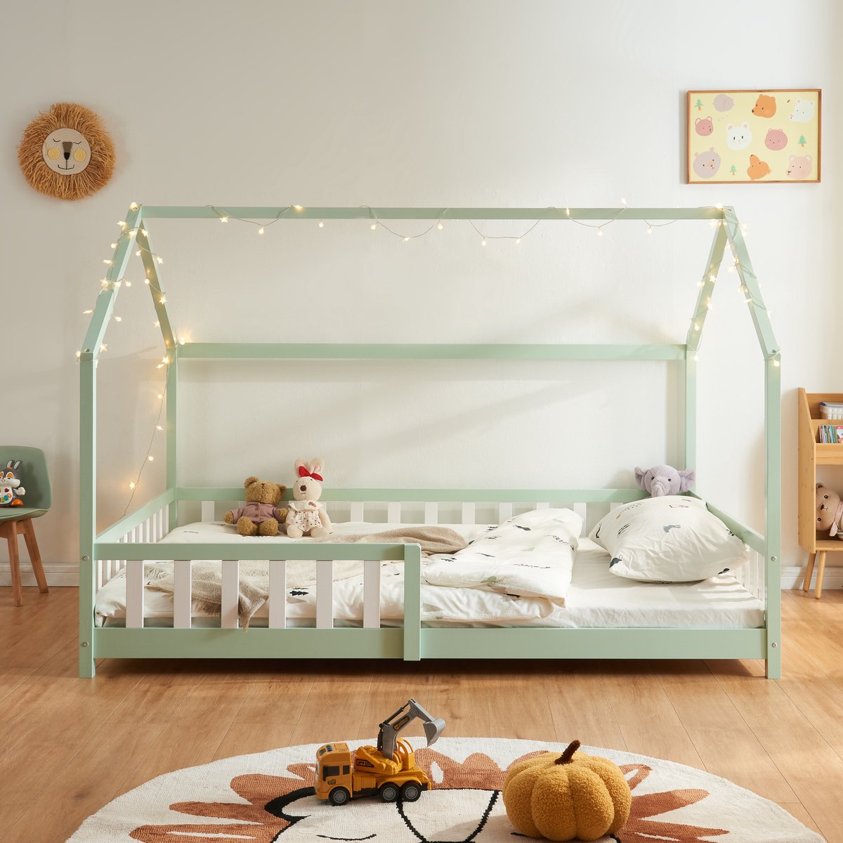 Kinderbed Hesel huisbed met matras en uitvalbeveiliging 120x200 cm mint [en.casa] [neu.haus]