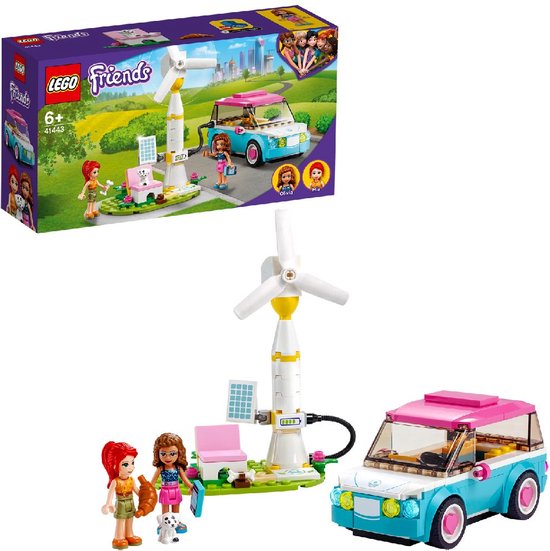 LEGO Friends doos met speelgoed: auto, windmolen, zonnepanelen, stoel, poppen en hondje. Olivia en Mia zijn afgebeeld.