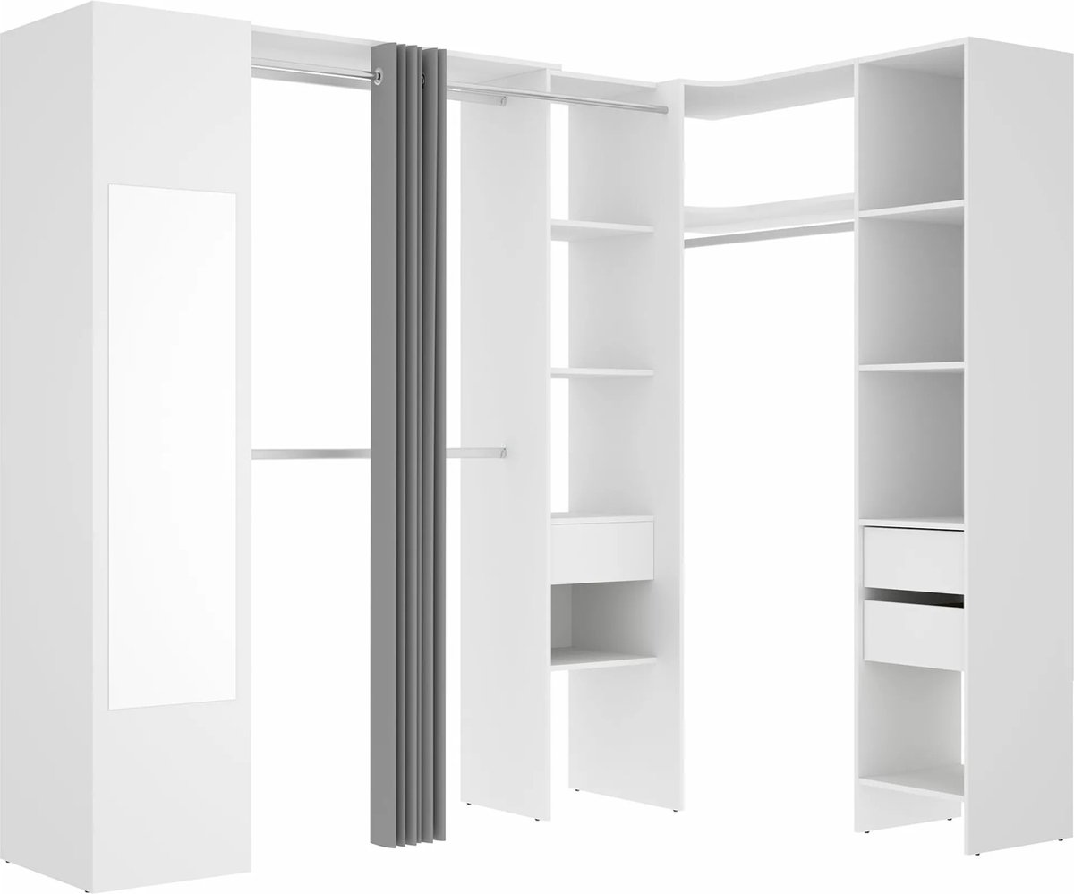 Vente-unique Hoekkledingkast met gordijn en 1 deur - Met spiegel - L231 cm - Wit en grijs - BERTRAND