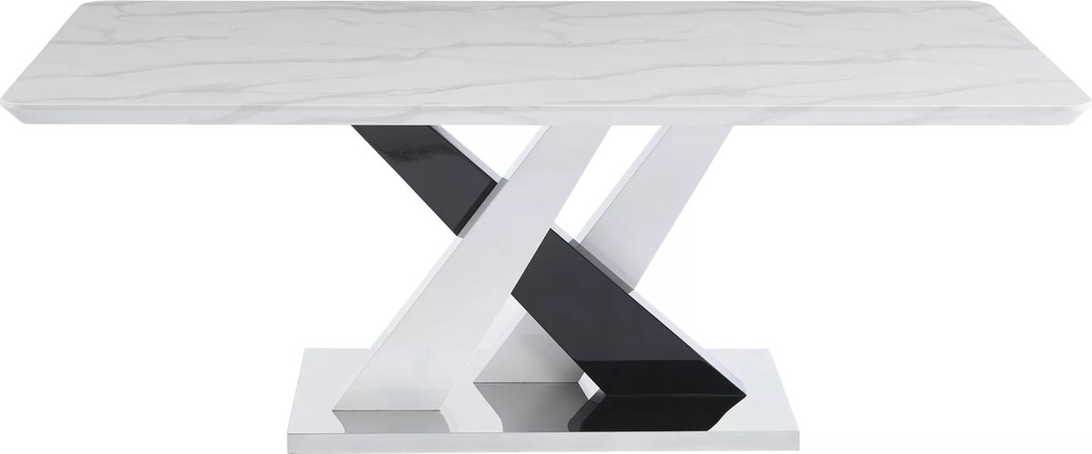 Vente-unique Eettafel voor 8 personen van MDF en roestvrij staal - Wit en zwart marmereffect - EVAELA