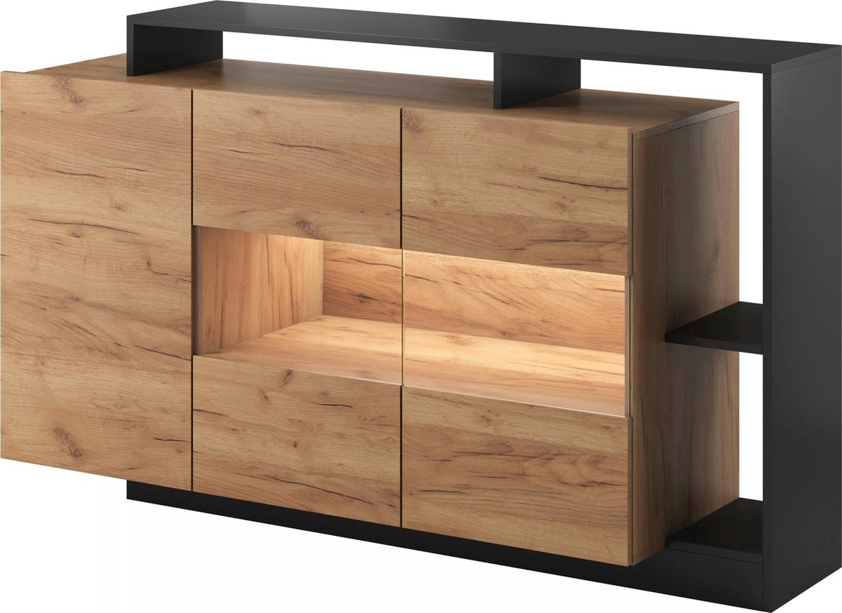 Vente-unique Buffetkast met 3 deuren en 3 nissen - Met ledverlichting - Natuurlijk en antraciet - IDESIA Antracietgrijs