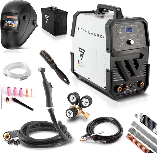STAHLWERK Lasapparaat AC/DC TIG 200 Puls Pro – Combi-inverter met 200 A, MMA -functie, pulsfunctie, geheugen, Hotstart, Anti-Stick, IGBT, voor aluminium & dun plaatwerk