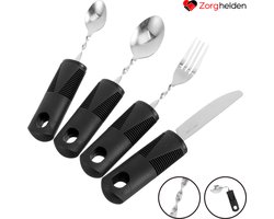 Zorghelden® Buigbaar aangepast bestek - 4-delig - Verdikt bestek - Buigbaar bestek - Gehoekt mes - Aangepast bestek parkinson - Aangepast bestek voor krachtverlies