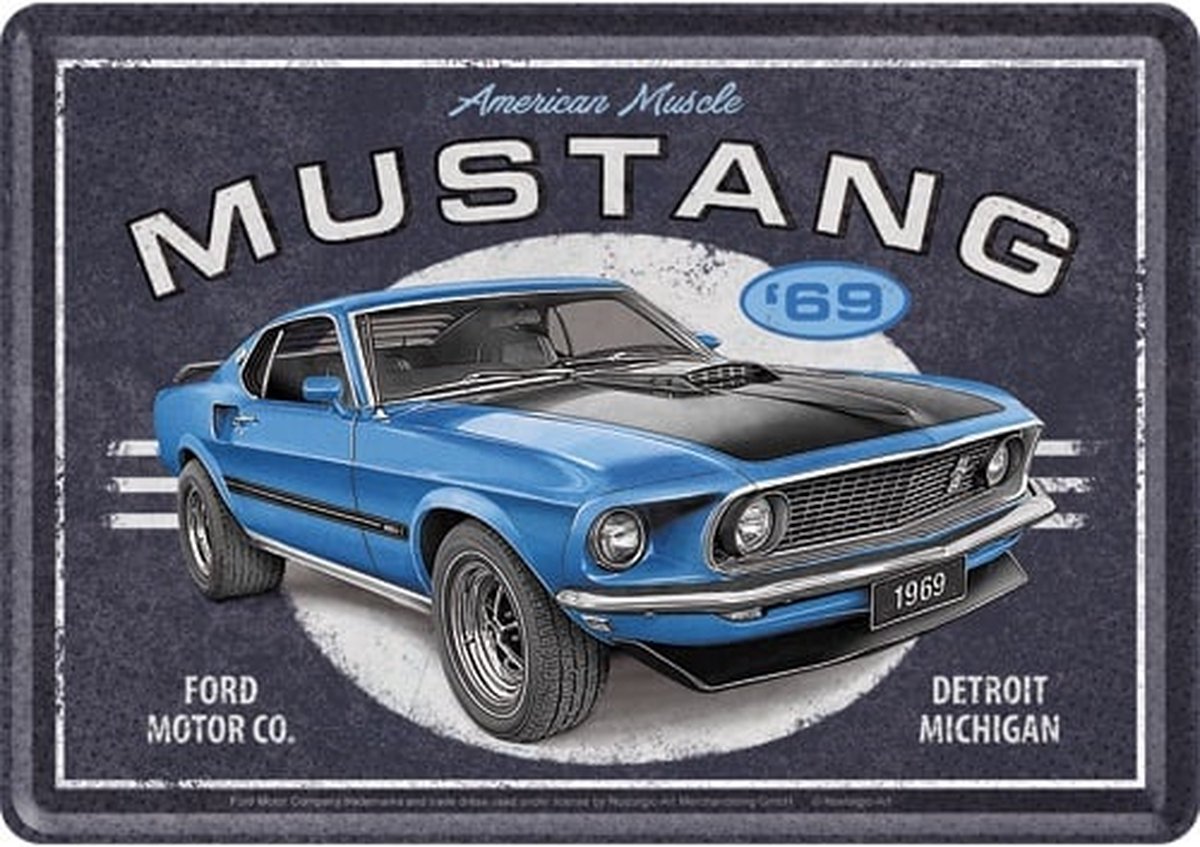 Metal Card Ford Mustang 1969 Mach 1 Blue 10x14 cm ansichtkaart