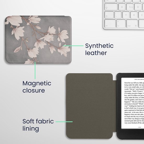 kwmobile e-reader hoesje geschikt voor Kobo Clara BW / Colour hoes - E reader flip case met magnetische sluiting - Ereader cover - Magnolia design in taupe / wit / blauwgrijs van Merkloos — afbeelding 3