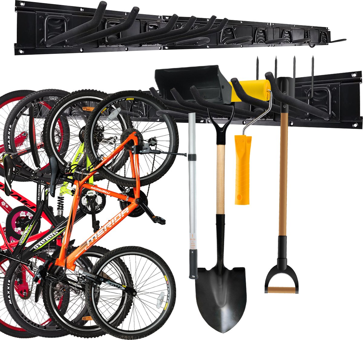 JustValue Luxe Fiets Ophangsysteem - Gereedschapshouder - Muurbeugel - Fiets Ophangbeugel - Fietshaak - Fietsenrek - Fietsbeugel - Haken - Bezem - Ophanghaken - Tuingereedschap - Veger