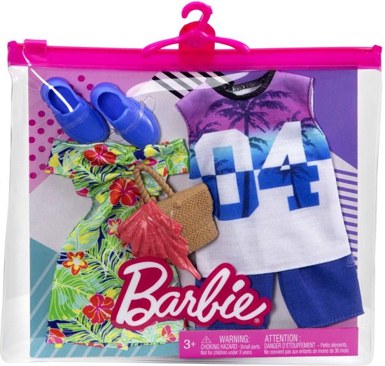 Barbie Kleding Outfit en Accessoires 2-Pack Bloemen Jurk + Schoenen en Handtas - T-Shirt en Broek voor Ken - Barbie Ken kleding