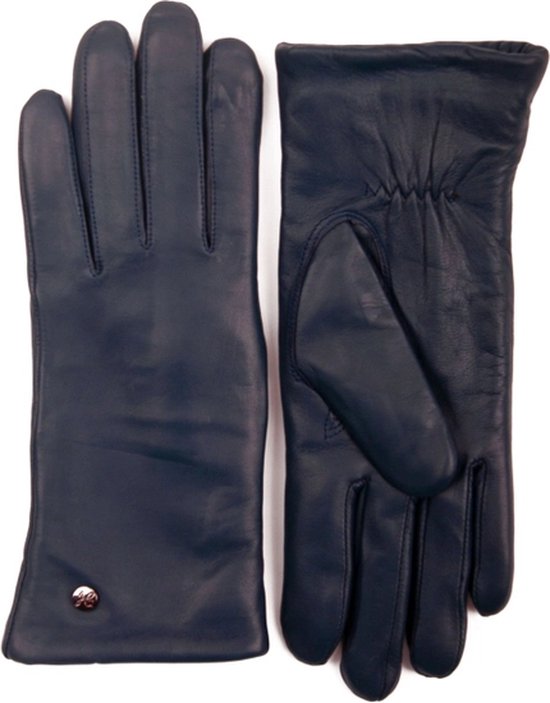 Paar marineblauwe lederen handschoenen, voorzijde.