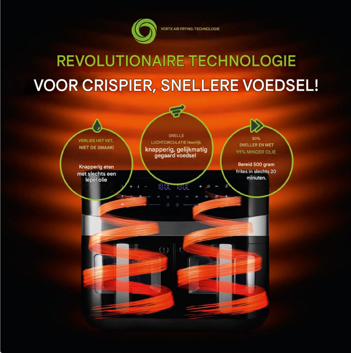 Afbeelding 2 van Vortx Vizion 9L Luchtfriteuse met Dubbele Mand en Digitaal Bedieningspaneel - 10 One-Touch Voorinstellingen - Zwart