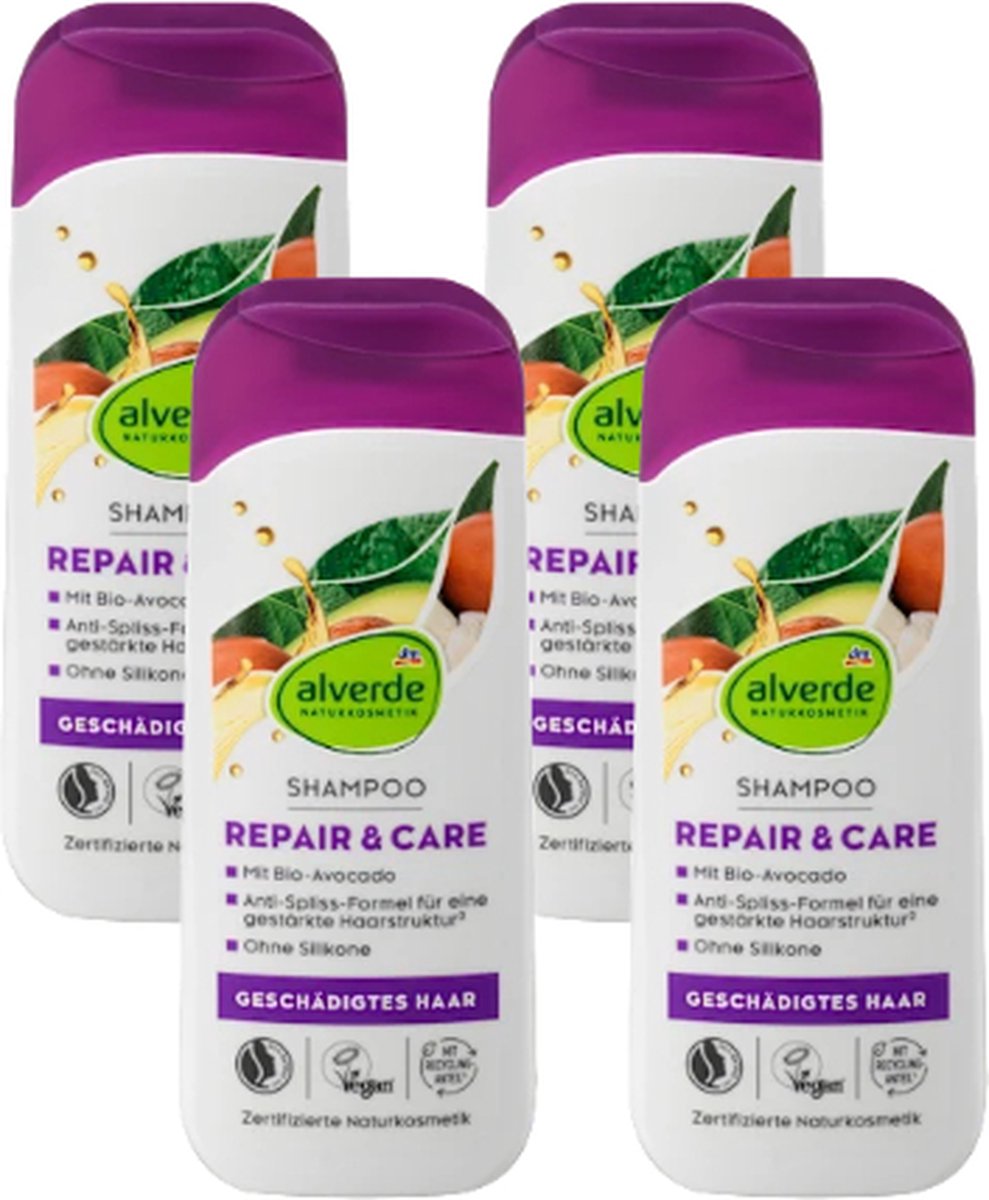 Alverde Naturkosmetik Shampoo Repair & Care | MULTI-VERPAKKING 4x 200 ml - Bio-Avocado & Sheabutter - Voor beschadigd haar - Siliconenvrij - Vegan Haarshampoo