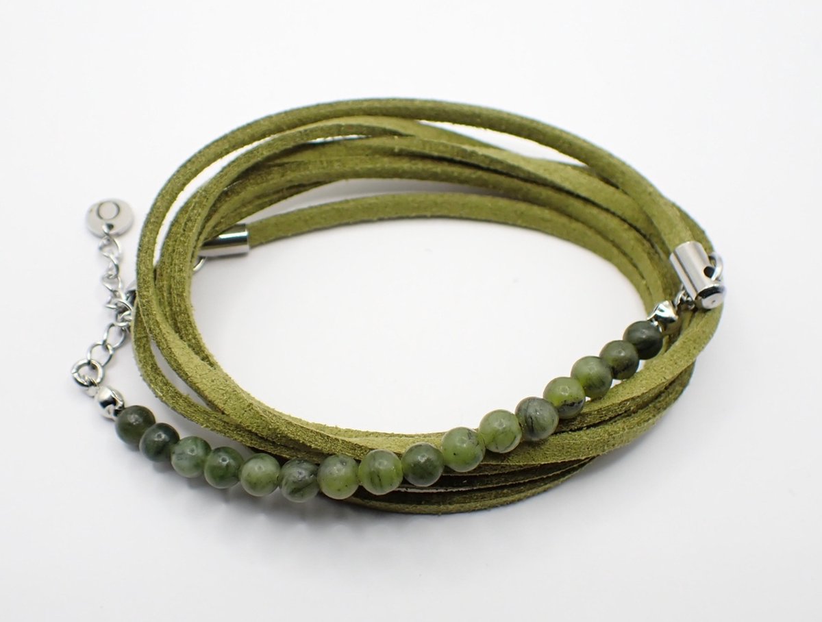 Colure® wikkelarmband met half edelsteen Taiwan jade suède olijfgroen