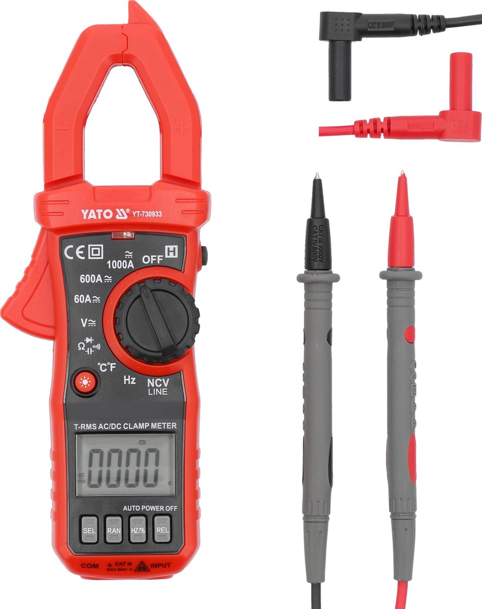 Yato Stroomtang Multimeter YT-730933 – TRUE RMS AC/DC 0–1000 V & 10 mA–1000 A – NCV & Inrush